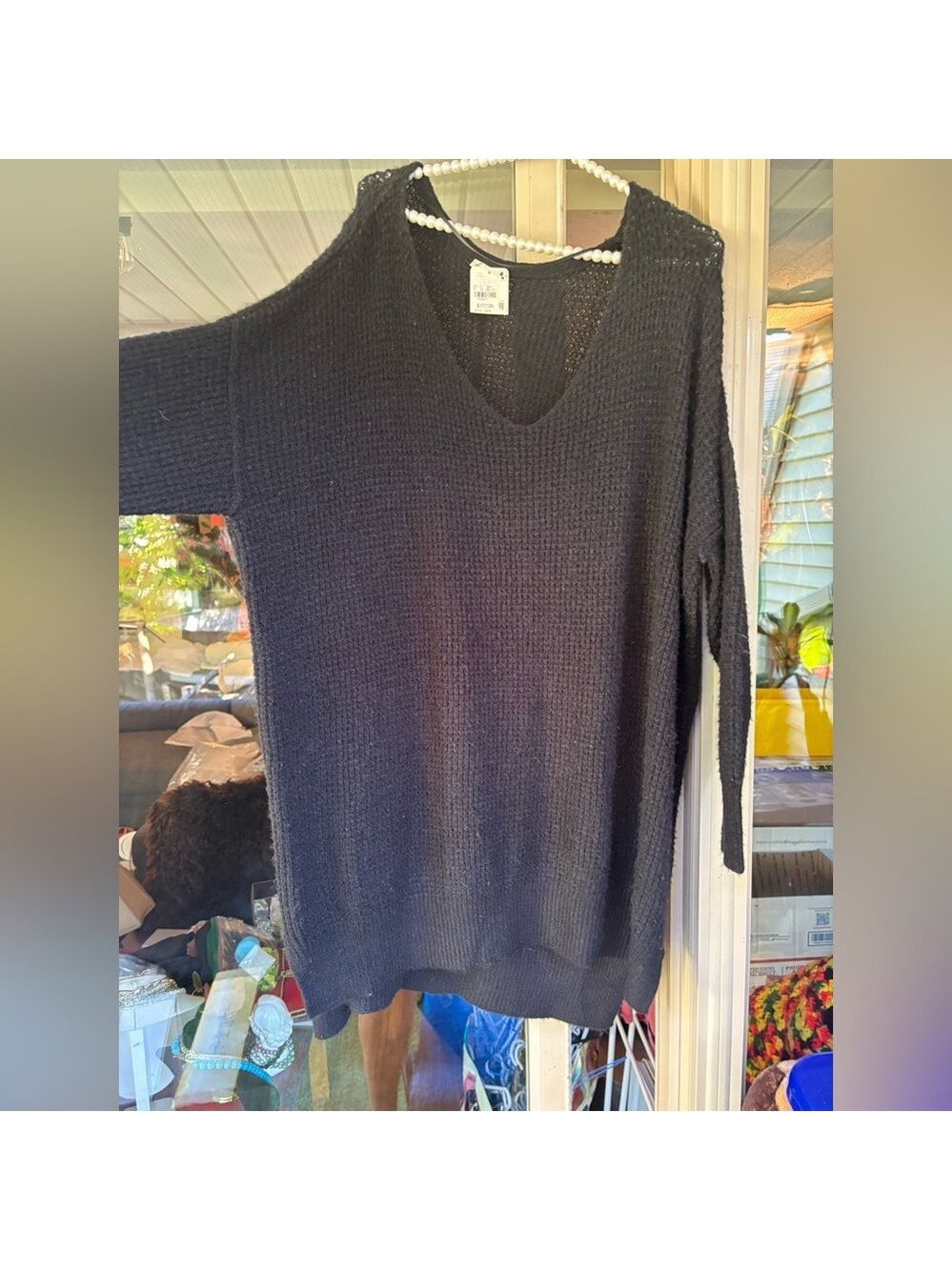NWT FREE PEOPLE Oversized Black Waffle-Knit Slouchy Sweater • V-Neck • Fit S–3XL - Picture 3 of 13